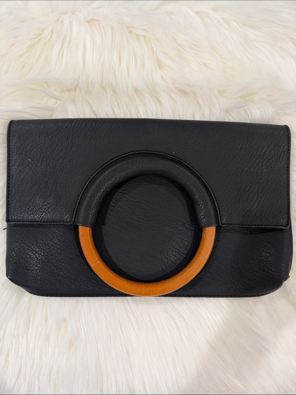Black Leather Clutch with Tan Accent Ring